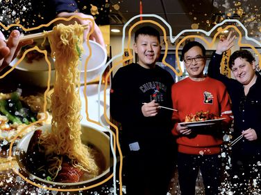 三个人旁边的碗面条中的面条